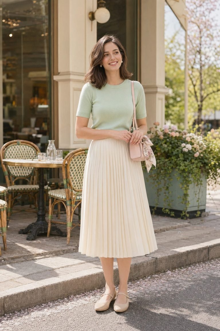 Spring Weekend Brunch Outfit: A Mint Knit and Pleated Midi Skirt full outfit styling: Soft mint short-sleeve knit top, Cream pleated midi skirt, Beige mary jane flats, Pastel mini shoulder bag, Small silk scarf styling reference image