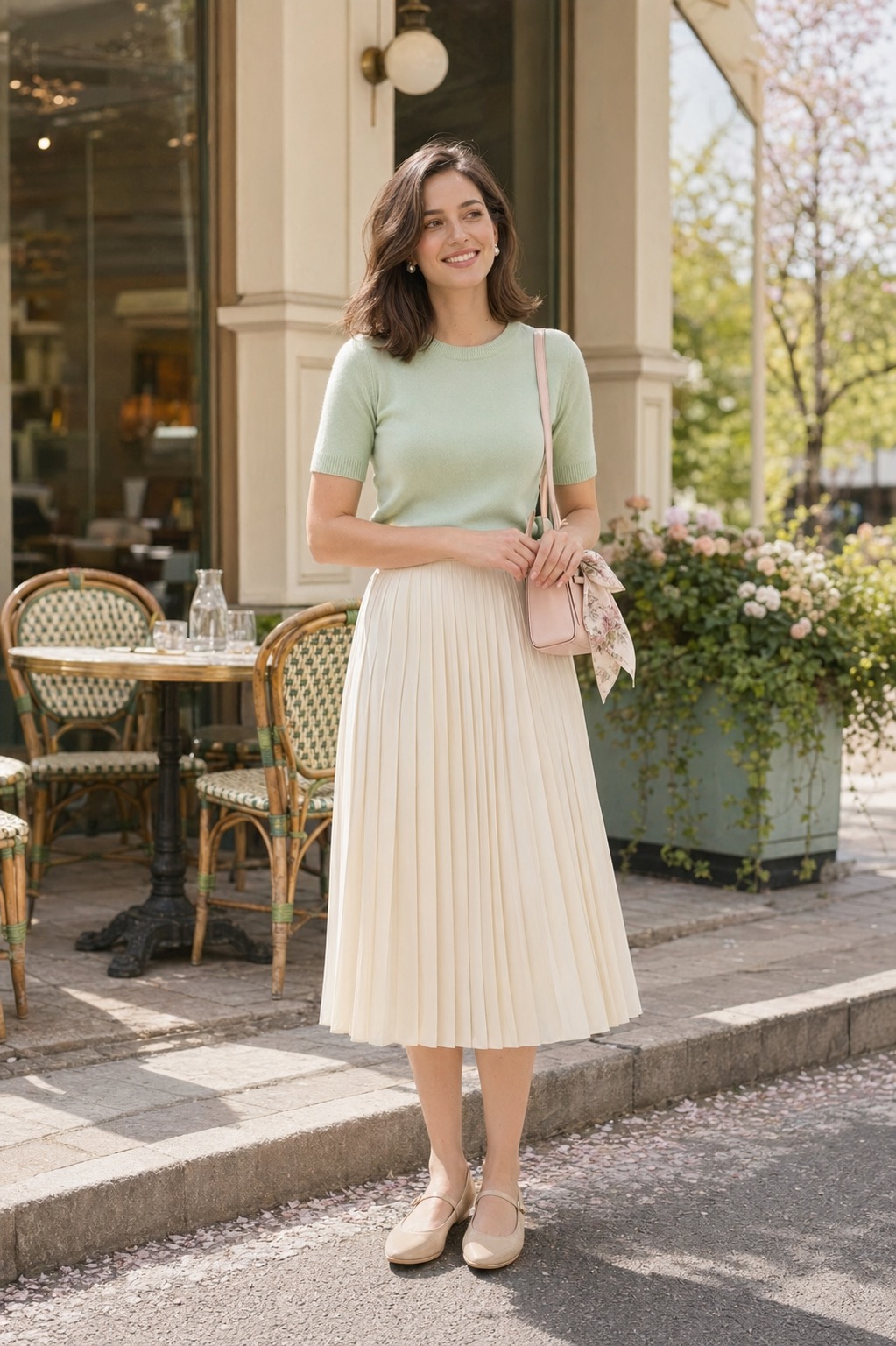 Spring Weekend Brunch Outfit: A Mint Knit and Pleated Midi Skirt full outfit styling: Soft mint short-sleeve knit top, Cream pleated midi skirt, Beige mary jane flats, Pastel mini shoulder bag, Small silk scarf styling reference image