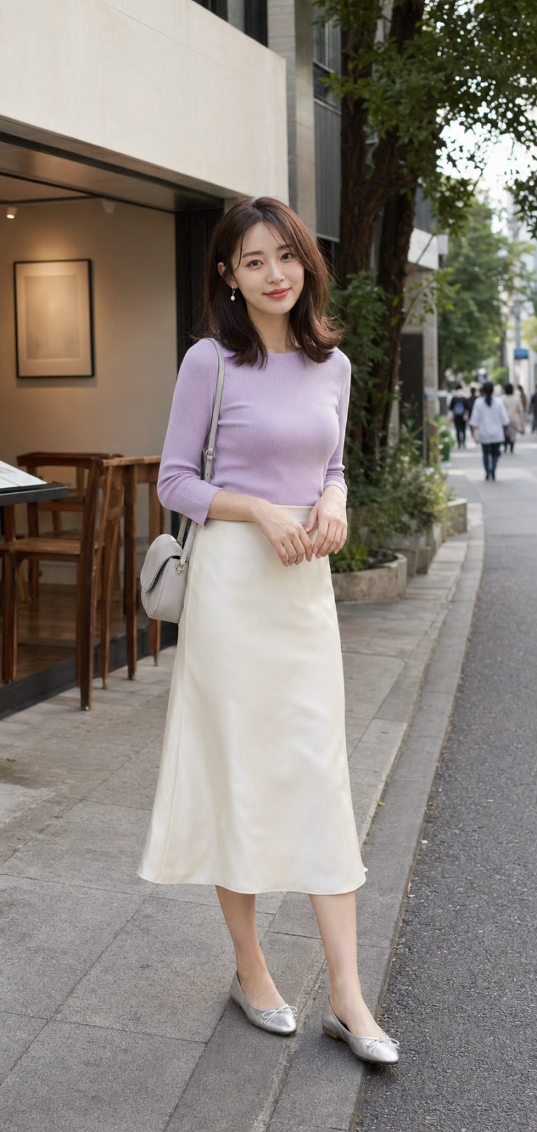 春 週末コーデ、ニットとスカートで昼の予定に合わせるの全身スタイリング: ラベンダーの薄手ニット, アイボリーのサテンミディスカート, シルバーのバレエシューズ, ライトグレーのミニショルダー, 小さめイヤリングのスタイリング参考画像
