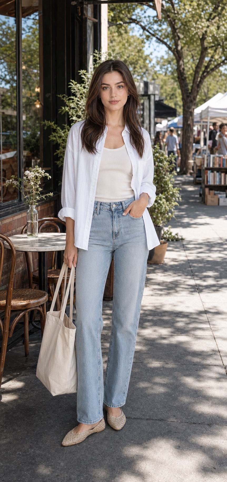 Mild-Weather Weekend Outfit: a linen shirt, straight jeans, and woven flats full outfit styling: Relaxed white linen shirt, Ivory ribbed tank top, Light-wash straight-leg jeans, Natural woven flats, Canvas market tote styling reference image