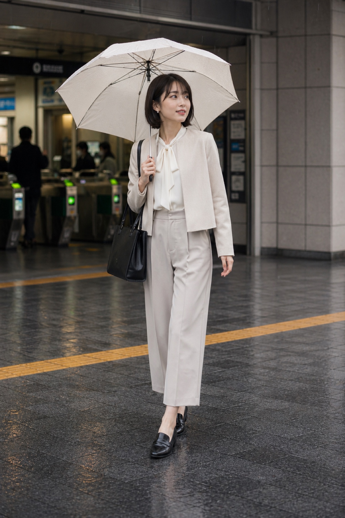 雨の日 通勤コーデ 6つのコツ、春でも軽く見えるきれいめ服の全身スタイリング: ベージュの晴雨兼用折りたたみ傘, 白のボウタイブラウス, ベージュのノーカラージャケット, A4 バッグ 撥水, 黒のローファー, グレージュのセミワイドパンツのスタイリング参考画像