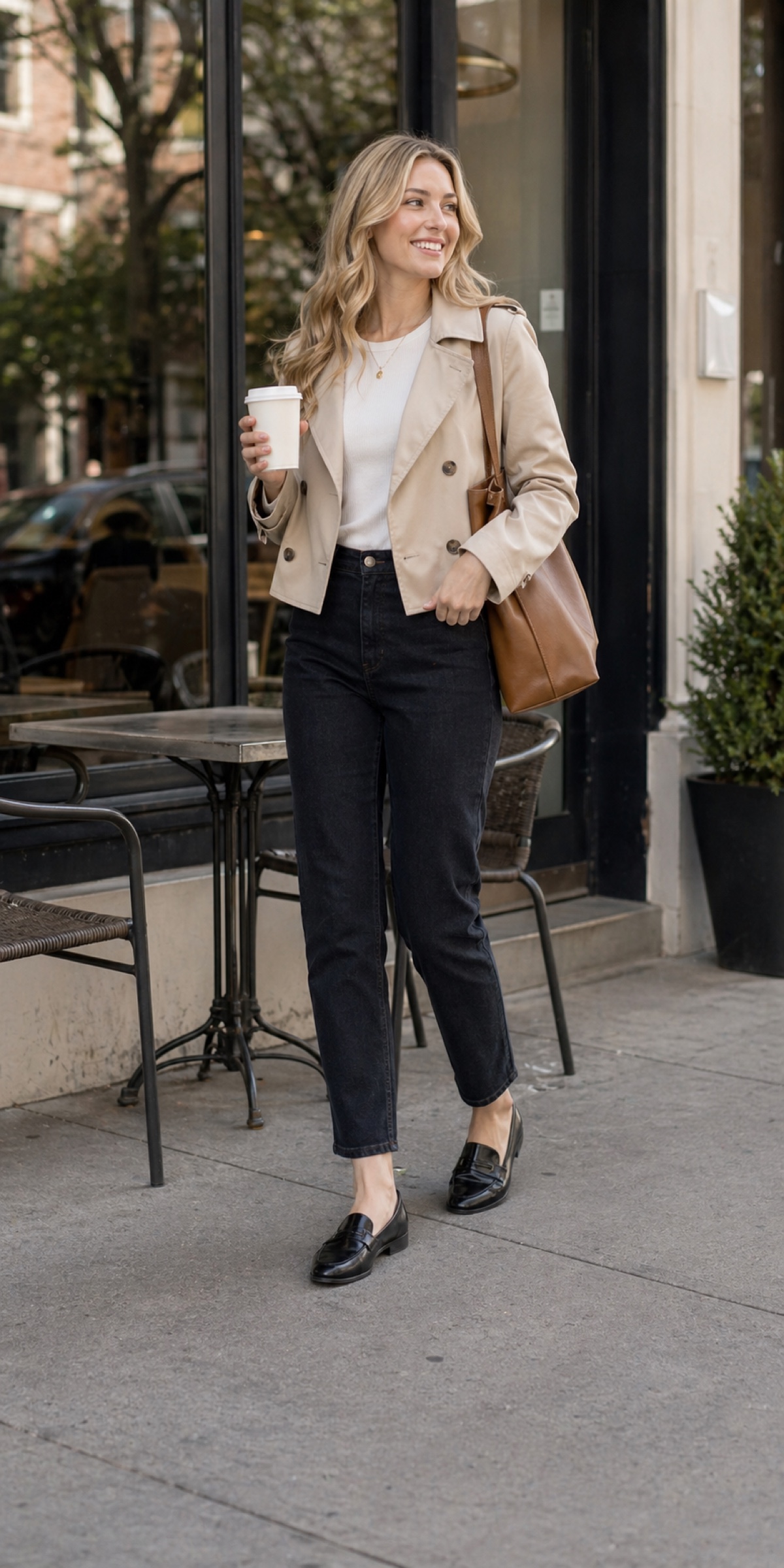 Spring Office Outfit: 6 Easy Pieces That Look Polished All Day walking outfit styling: cropped beige trench jacket, ivory ribbed fitted tee, dark indigo straight-leg ankle jeans, black loafers, cognac structured work tote styling reference image