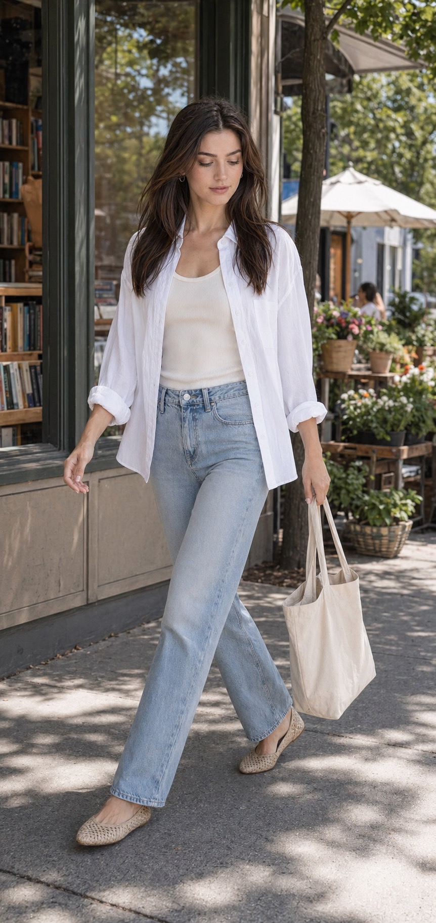 Mild-Weather Weekend Outfit: a linen shirt, straight jeans, and woven flats walking outfit styling: Relaxed white linen shirt, Ivory ribbed tank top, Light-wash straight-leg jeans, Natural woven flats, Canvas market tote styling reference image