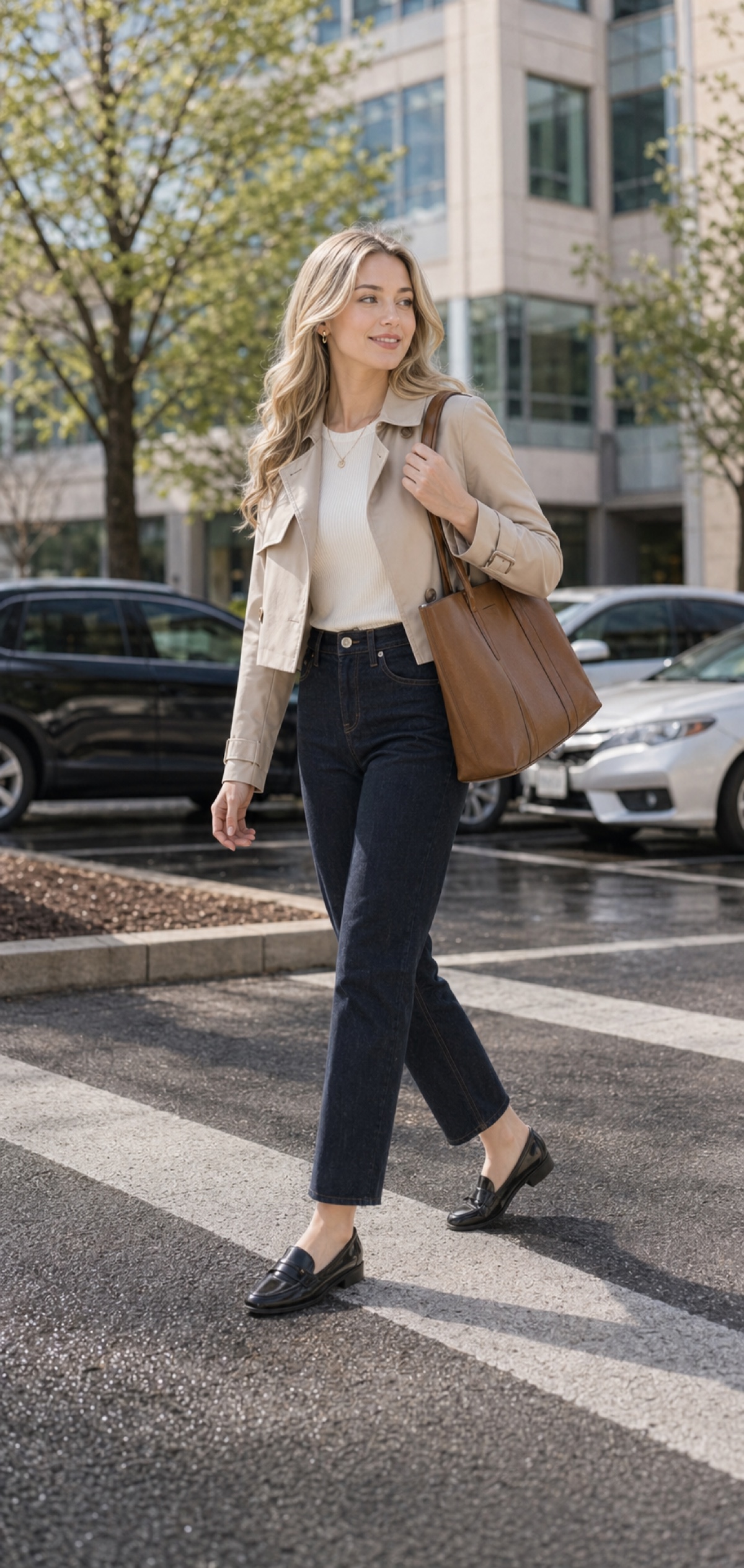 Spring Office Outfit: 6 Easy Pieces That Look Polished All Day seated outfit styling: cropped beige trench jacket, ivory ribbed fitted tee, dark indigo straight-leg ankle jeans, black loafers, cognac structured work tote styling reference image