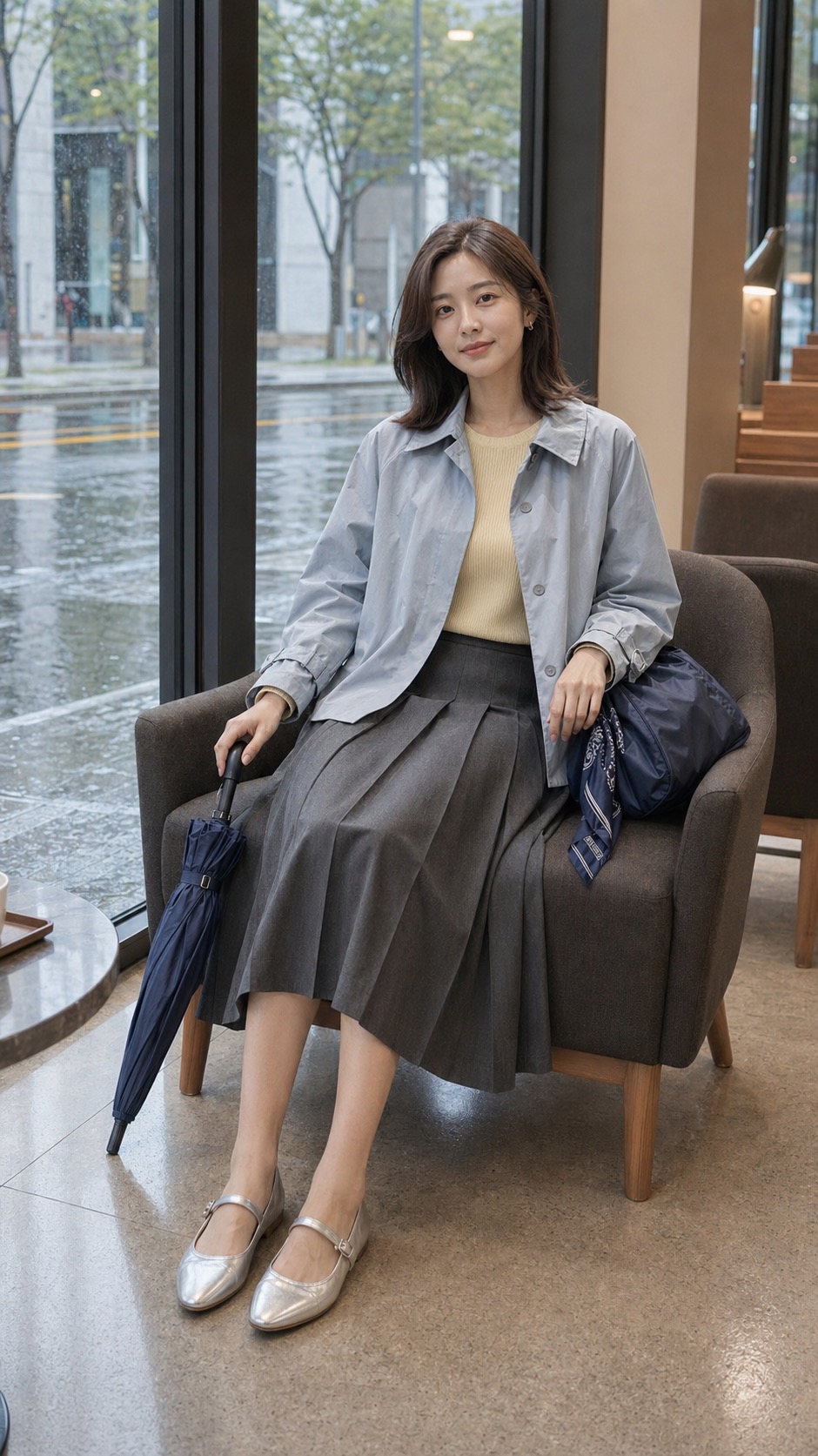 봄비 출근룩, 파우더 블루 트렌치와 버터 옐로 니트로 우아하게 앉은 자세 스타일링: 파우더 블루 숏 발수 트렌치, 버터 옐로 골지 니트 톱, 차콜 플리츠 미디 스커트, 실버 메리제인 플랫, 네이비 나일론 숄더백, 네이비 스카프와 접이식 우산 스타일링 참고 이미지