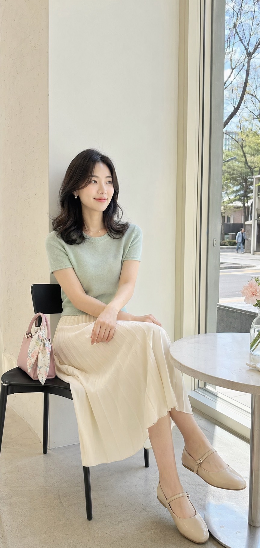 봄 브런치룩, 민트 니트와 플리츠 스커트로 산뜻하게 앉은 자세 스타일링: 민트 반소매 니트 톱, 크림 플리츠 미디 스커트, 베이지 메리제인 플랫, 파스텔 미니 숄더백, 작은 실크 스카프 스타일링 참고 이미지