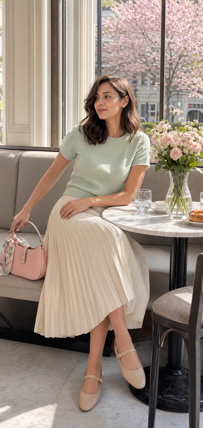Spring Weekend Brunch Outfit: A Mint Knit and Pleated Midi Skirt seated outfit styling: Soft mint short-sleeve knit top, Cream pleated midi skirt, Beige mary jane flats, Pastel mini shoulder bag, Small silk scarf styling reference image