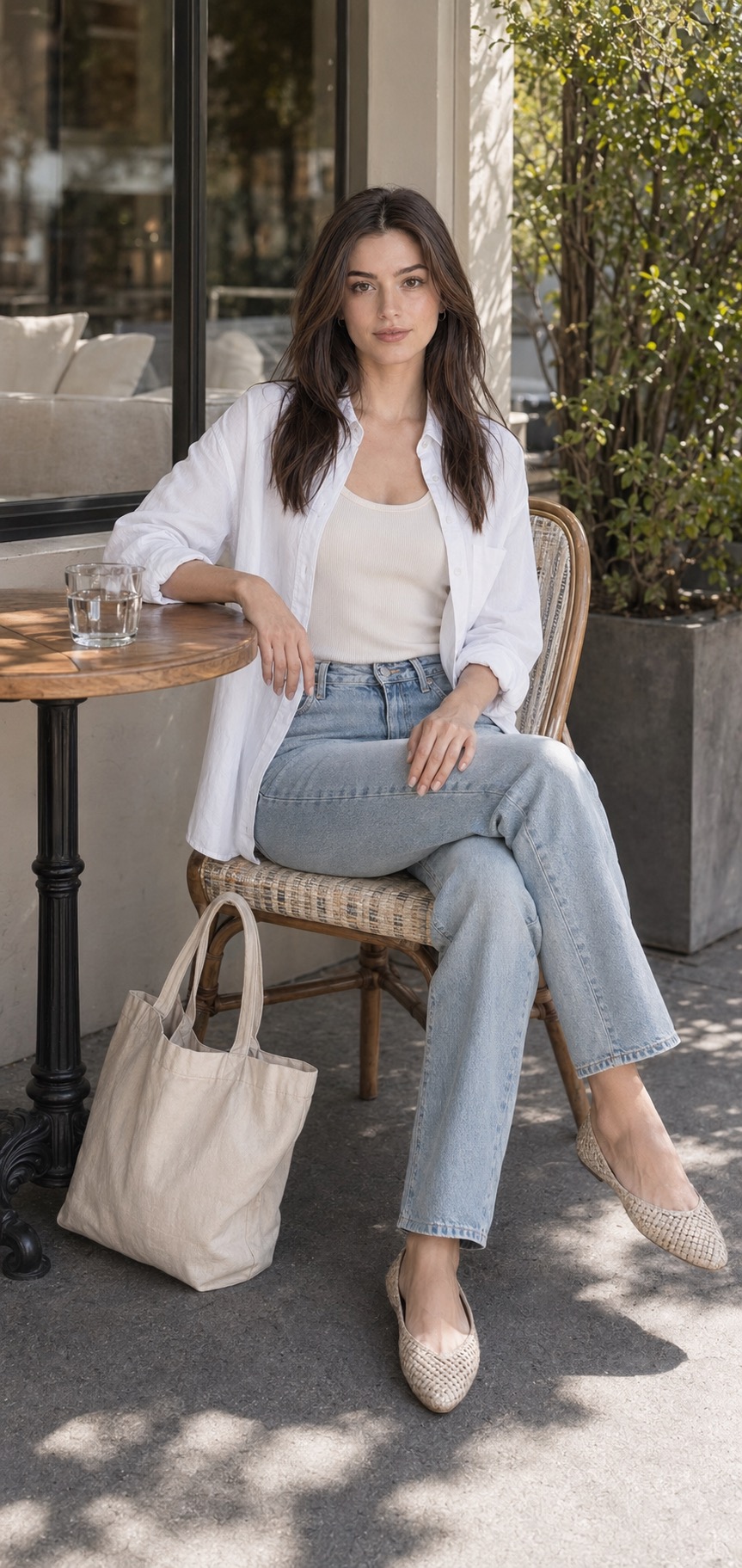 Mild-Weather Weekend Outfit: a linen shirt, straight jeans, and woven flats seated outfit styling: Relaxed white linen shirt, Ivory ribbed tank top, Light-wash straight-leg jeans, Natural woven flats, Canvas market tote styling reference image