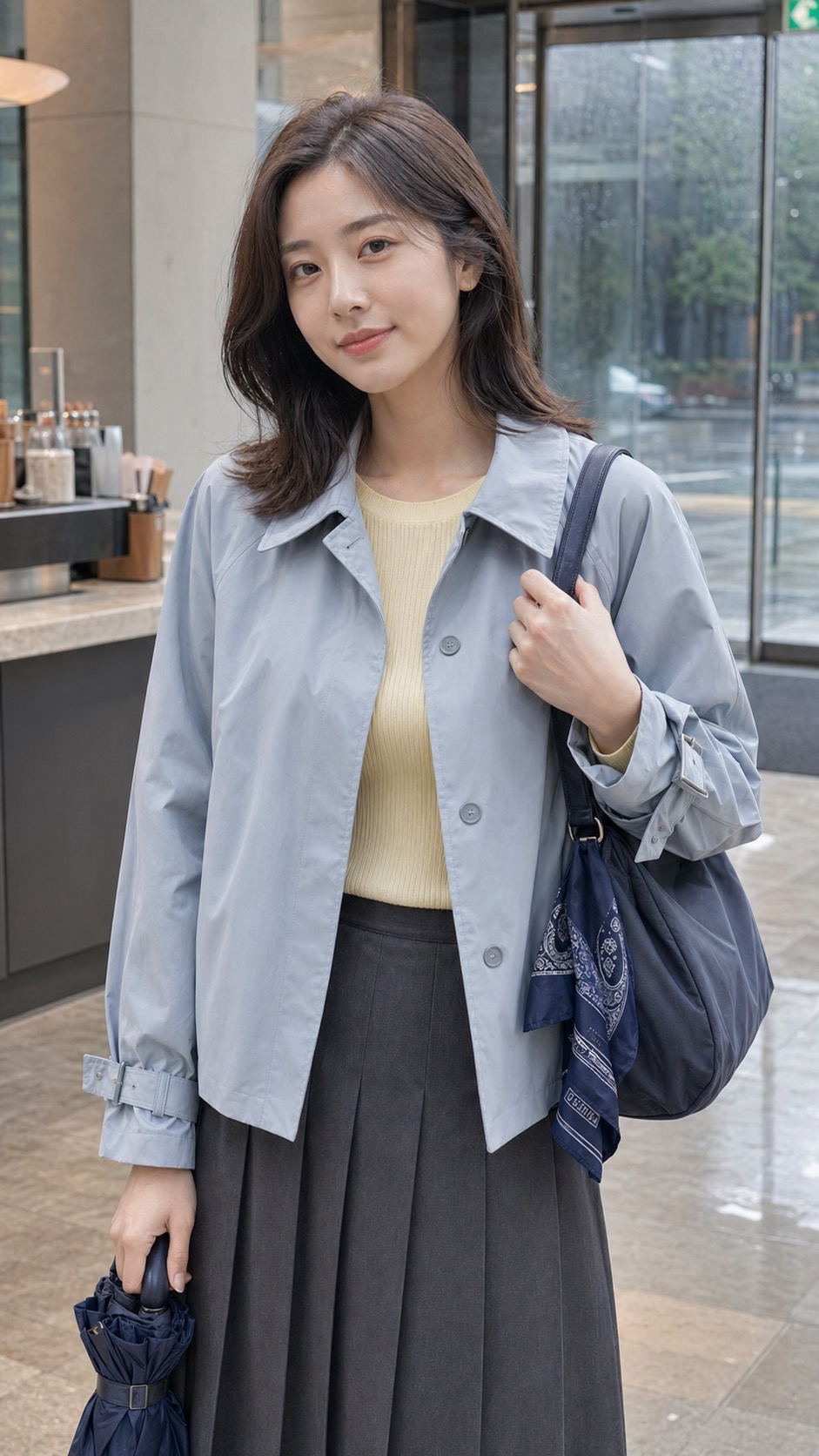 봄비 출근룩, 파우더 블루 트렌치와 버터 옐로 니트로 우아하게 상체 소재 디테일: 파우더 블루 숏 발수 트렌치, 버터 옐로 골지 니트 톱, 차콜 플리츠 미디 스커트, 실버 메리제인 플랫, 네이비 나일론 숄더백, 네이비 스카프와 접이식 우산 스타일링 참고 이미지