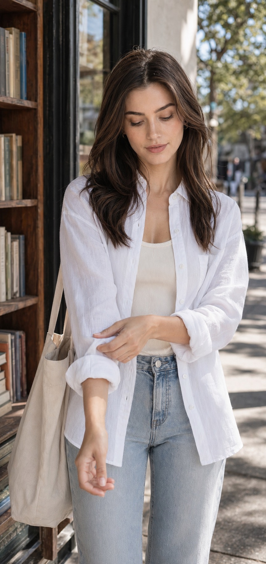 Mild-Weather Weekend Outfit: a linen shirt, straight jeans, and woven flats upper-body texture detail: Relaxed white linen shirt, Ivory ribbed tank top, Light-wash straight-leg jeans, Natural woven flats, Canvas market tote styling reference image