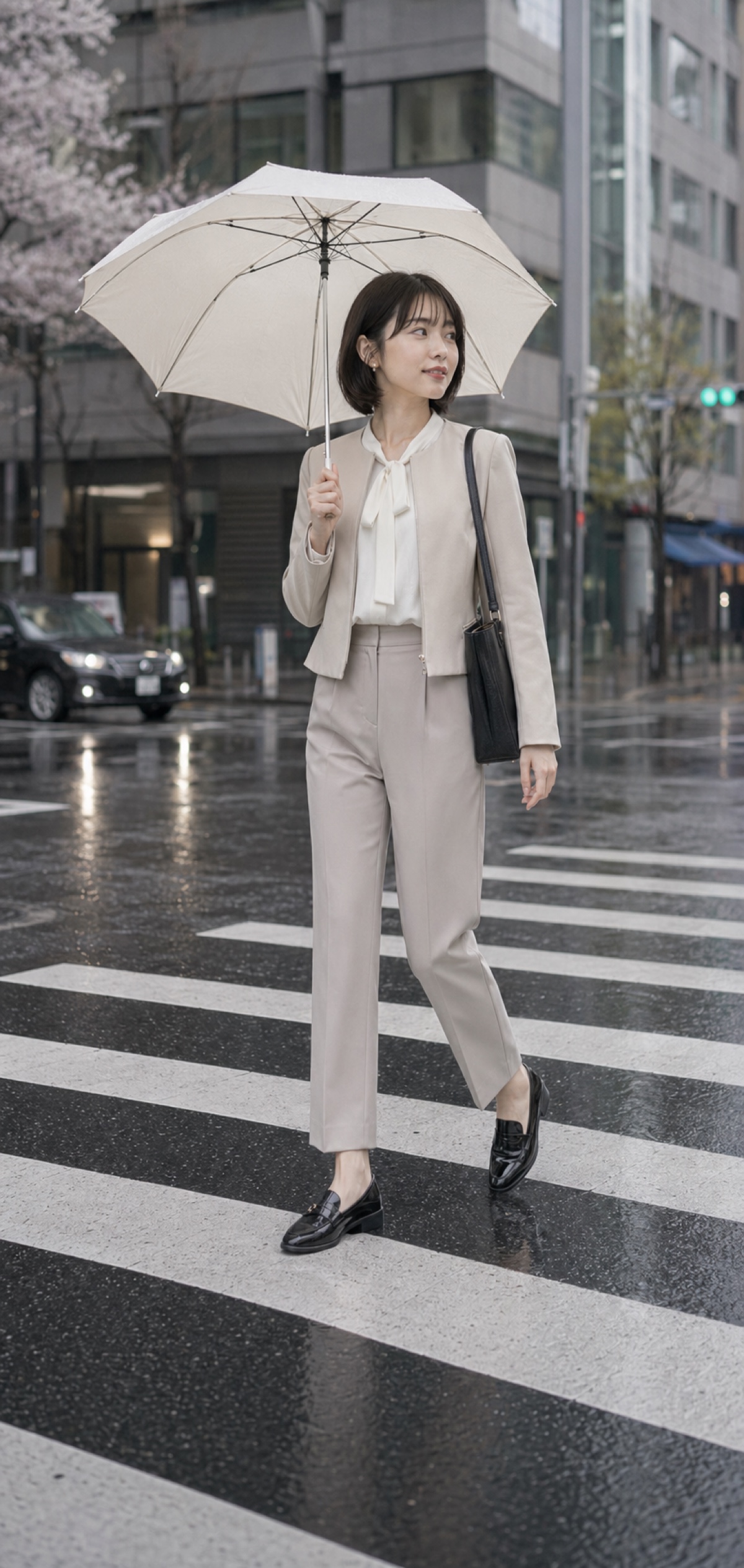 雨の日 通勤コーデ 6つのコツ、春でも軽く見えるきれいめ服の上半身の素材ディテール: ベージュの晴雨兼用折りたたみ傘, 白のボウタイブラウス, ベージュのノーカラージャケット, A4 バッグ 撥水, 黒のローファー, グレージュのセミワイドパンツのスタイリング参考画像