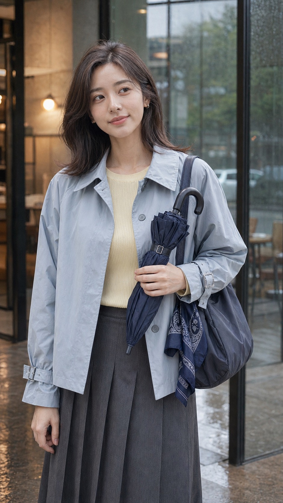 봄비 출근룩, 파우더 블루 트렌치와 버터 옐로 니트로 우아하게 가방과 손 디테일: 파우더 블루 숏 발수 트렌치, 버터 옐로 골지 니트 톱, 차콜 플리츠 미디 스커트, 실버 메리제인 플랫, 네이비 나일론 숄더백, 네이비 스카프와 접이식 우산 스타일링 참고 이미지