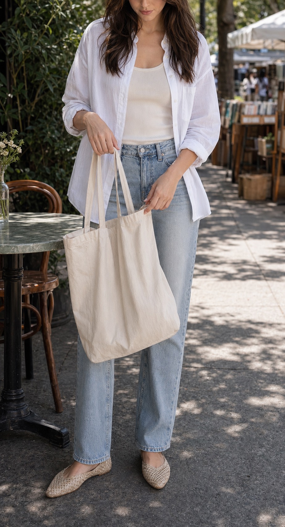 Mild-Weather Weekend Outfit: a linen shirt, straight jeans, and woven flats bag and hand detail: Relaxed white linen shirt, Ivory ribbed tank top, Light-wash straight-leg jeans, Natural woven flats, Canvas market tote styling reference image