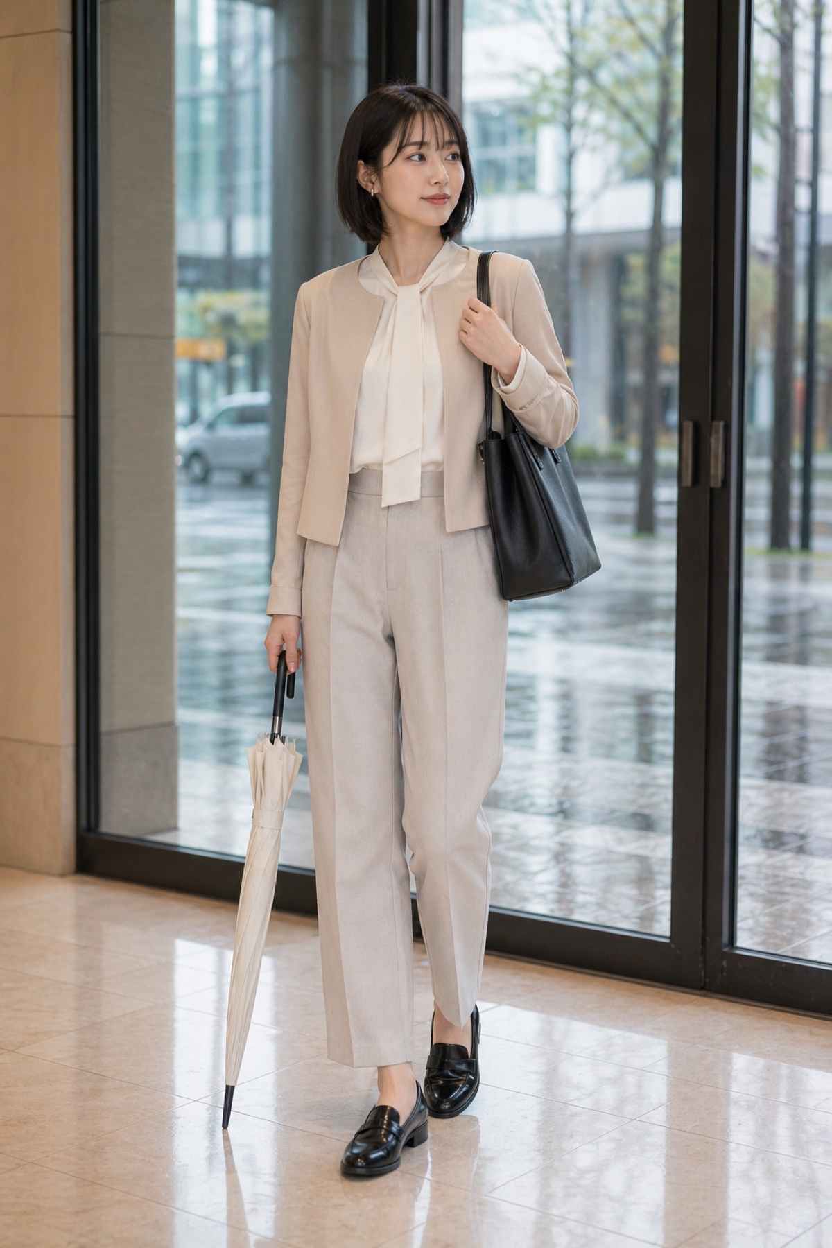 雨の日 通勤コーデ 6つのコツ、春でも軽く見えるきれいめ服のバッグと手元のディテール: ベージュの晴雨兼用折りたたみ傘, 白のボウタイブラウス, ベージュのノーカラージャケット, A4 バッグ 撥水, 黒のローファー, グレージュのセミワイドパンツのスタイリング参考画像