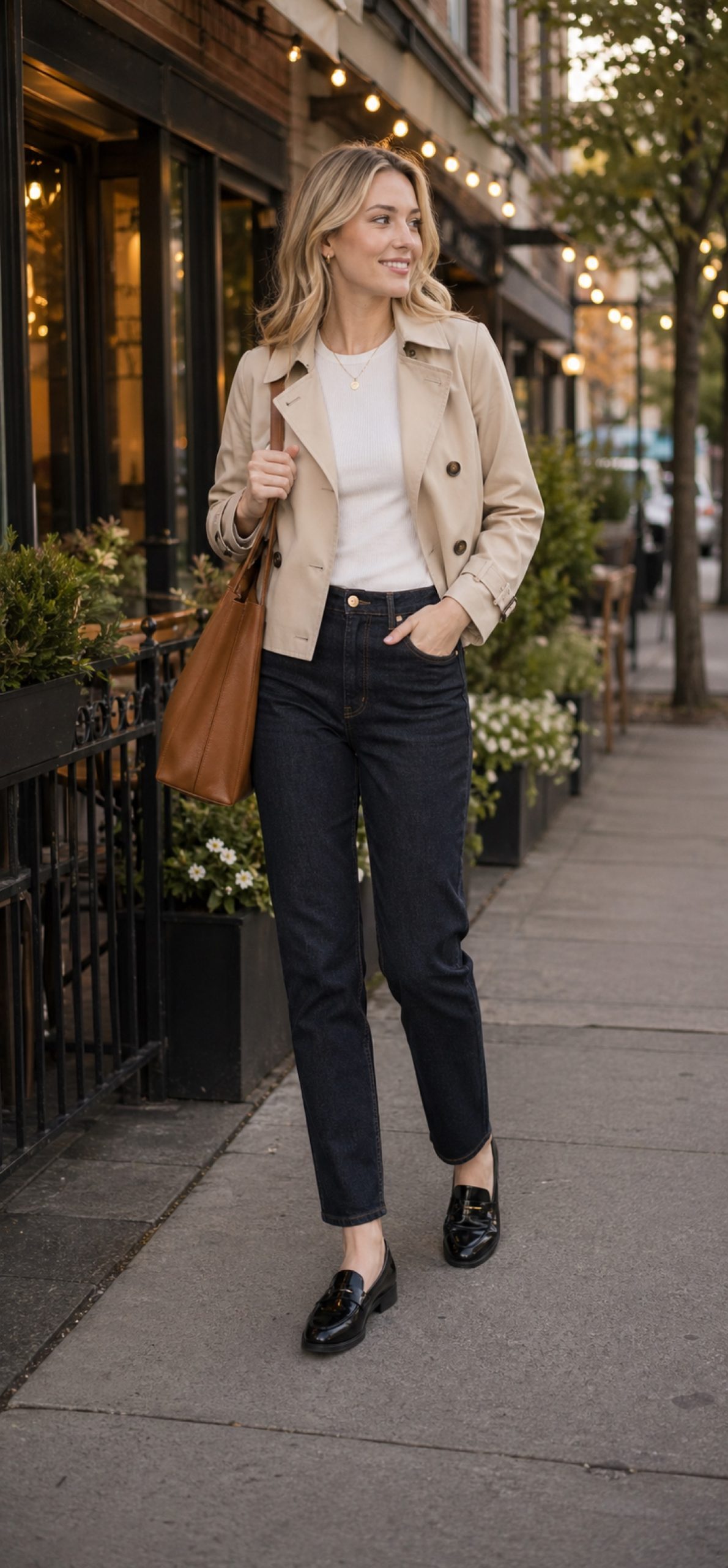 Spring Office Outfit: 6 Easy Pieces That Look Polished All Day shoe and hem detail: cropped beige trench jacket, ivory ribbed fitted tee, dark indigo straight-leg ankle jeans, black loafers, cognac structured work tote styling reference image