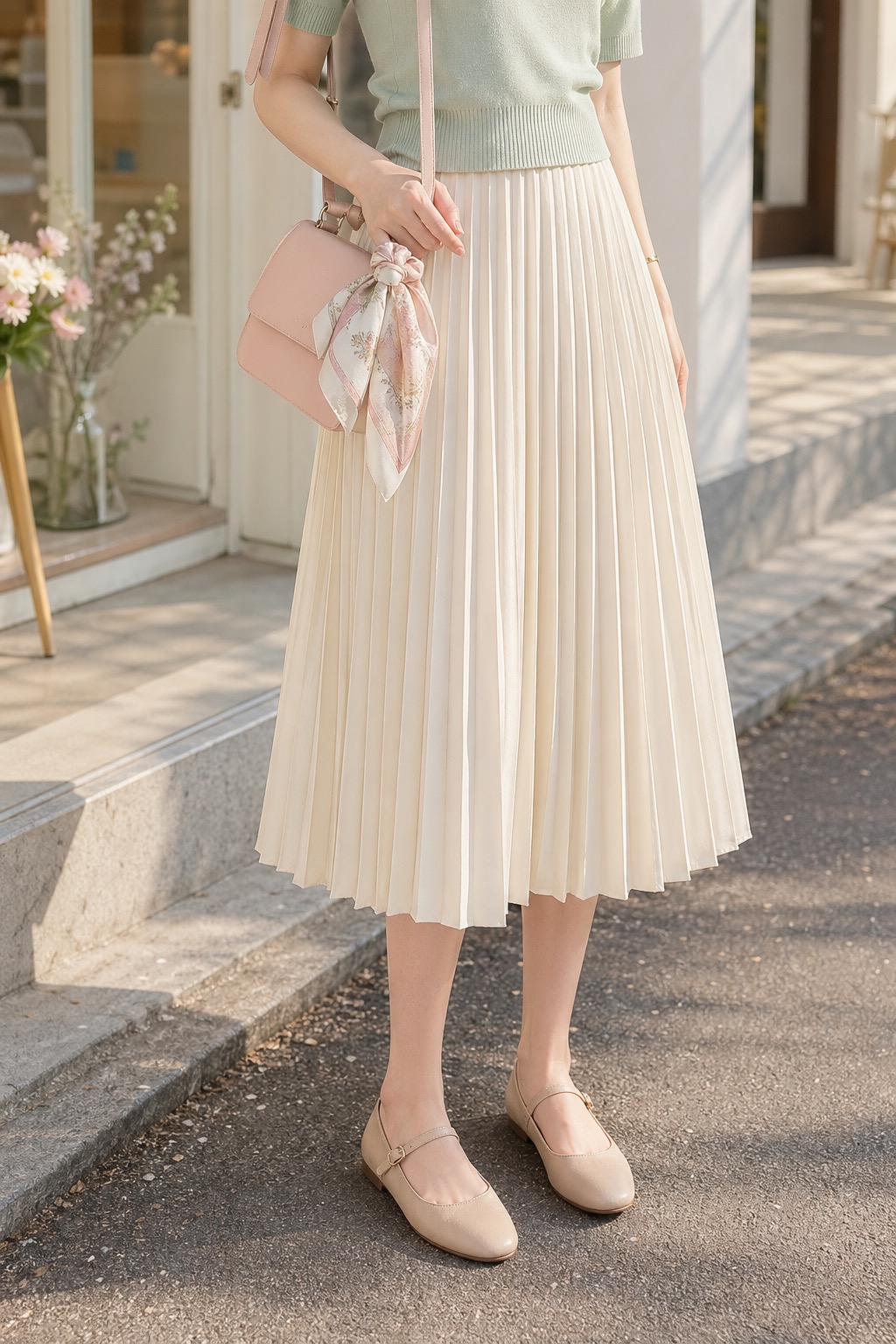 Spring Weekend Brunch Outfit: A Mint Knit and Pleated Midi Skirt shoe and hem detail: Soft mint short-sleeve knit top, Cream pleated midi skirt, Beige mary jane flats, Pastel mini shoulder bag, Small silk scarf styling reference image