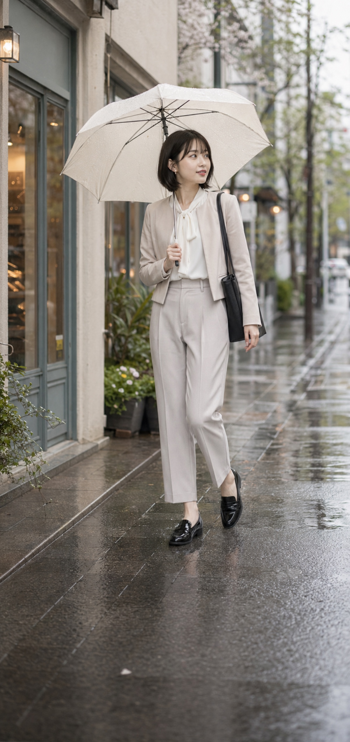 雨の日 通勤コーデ 6つのコツ、春でも軽く見えるきれいめ服の靴と裾のディテール: ベージュの晴雨兼用折りたたみ傘, 白のボウタイブラウス, ベージュのノーカラージャケット, A4 バッグ 撥水, 黒のローファー, グレージュのセミワイドパンツのスタイリング参考画像