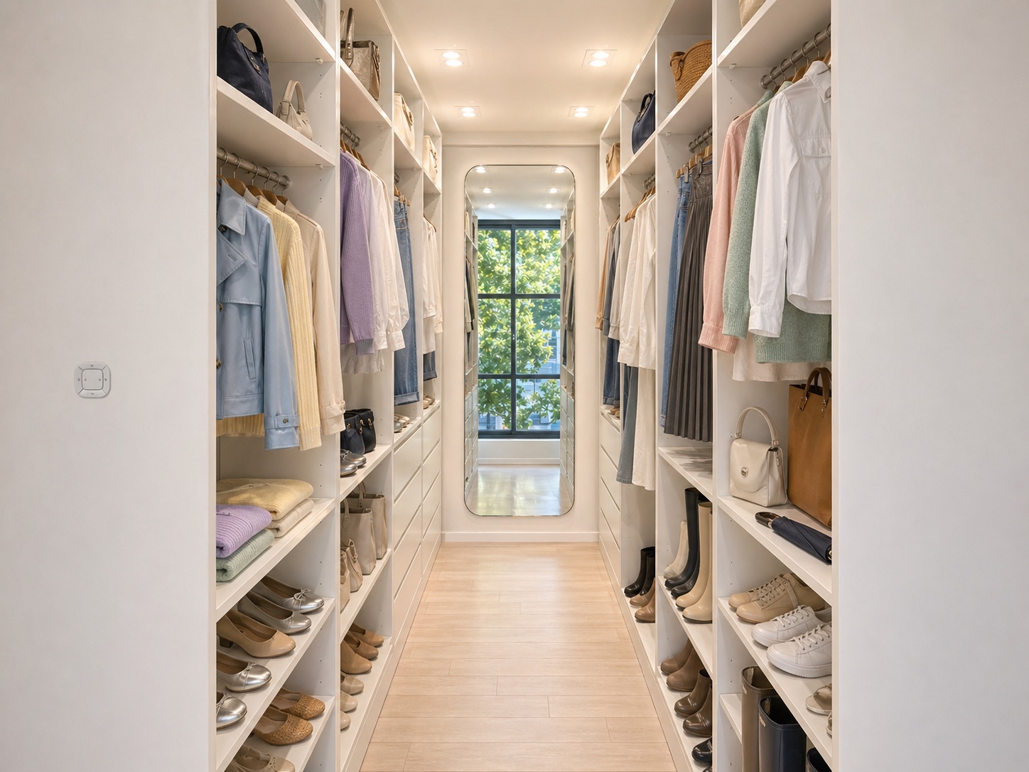 Curated walk-in wardrobe with coats, knitwear, skirts, bags, and shoes for Wear Notes Studio