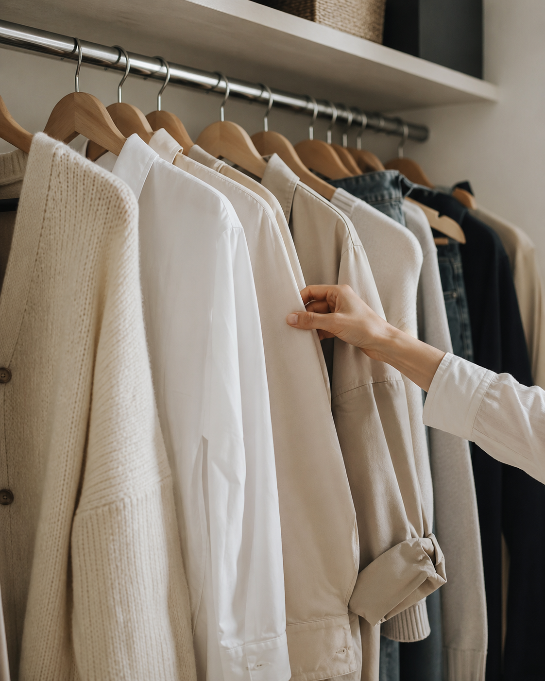 Wardrobe close-up with everyday shirts, knitwear, jacket, and a hand selecting an outfit