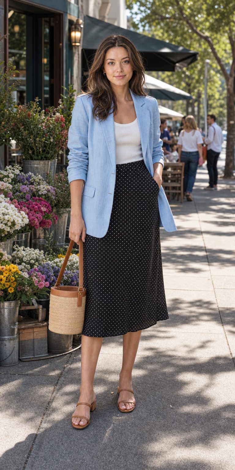 Spring Market Outfit: a sky-blue linen blazer, polka-dot midi skirt, and tan sandals full outfit styling: Sky-blue linen blazer, White ribbed tank top, Black-and-cream polka-dot midi skirt, Tan low block-heel sandals, Straw bucket bag with tan trim, Small gold hoop earrings styling reference image