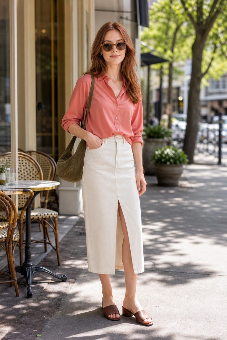 Spring Terrace Outfit: a coral silk shirt, ivory denim midi skirt, and chocolate mules full outfit styling: Soft coral silk-blend shirt, Ivory denim midi skirt, Chocolate low block-heel mules, Olive crescent shoulder bag, Tortoiseshell slim sunglasses, Delicate gold huggie earrings styling reference image