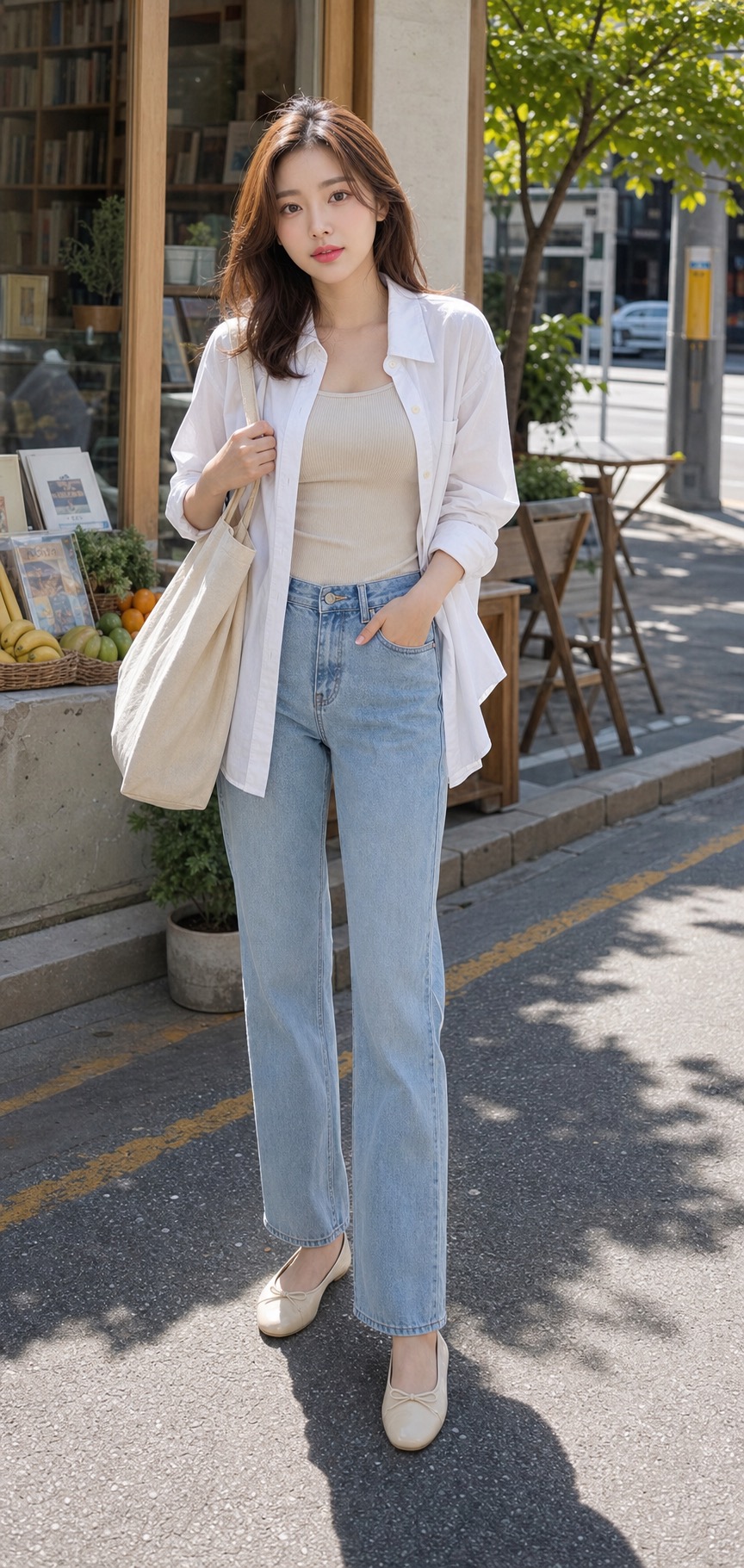 봄 주말룩, 셔츠와 데님으로 편하게 정리하기 전신 스타일링: 화이트 코튼 셔츠, 베이지 골지 민소매 톱, 라이트 블루 스트레이트 데님, 크림 발레리나 플랫, 캔버스 토트백 스타일링 참고 이미지