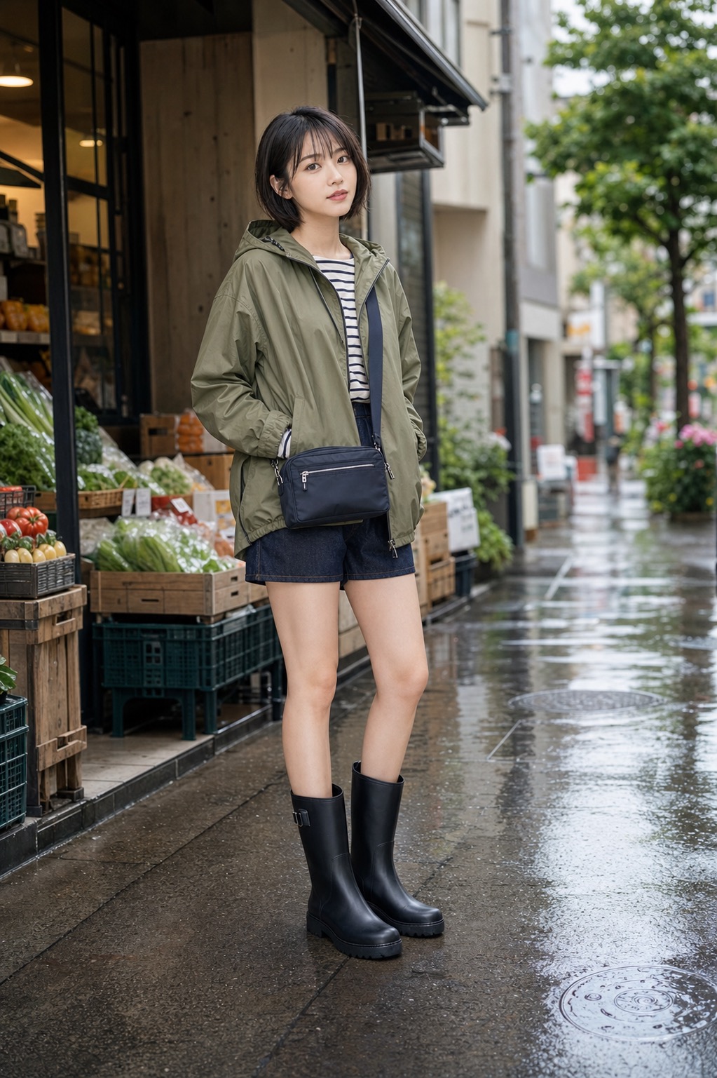 雨上がり ワンマイルコーデ、オリーブのアノラックとレインブーツで軽くの全身スタイリング: オリーブの撥水アノラック, アイボリーとネイビーのボーダーカットソー, 濃いインディゴのデニムショートパンツ, 黒のミドル丈レインブーツ, ネイビーの防水ジップクロスボディバッグのスタイリング参考画像