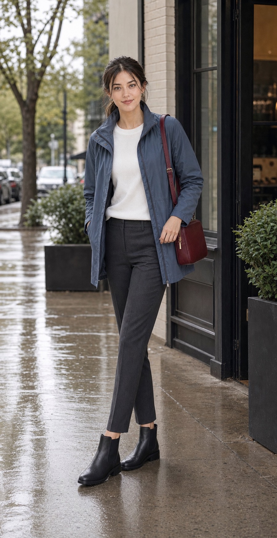 Spring Rainy City Outfit: a slate rain jacket, ankle pants, and Chelsea boots full outfit styling: Slate blue water-resistant rain jacket, White fine-gauge crewneck knit top, Charcoal tapered ankle pants, Black waterproof Chelsea boots, Burgundy zip-top shoulder bag, Small silver hoop earrings styling reference image