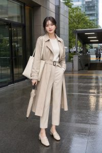 밝은 트렌치와 로퍼로 단정하게 입은 봄비 출근룩