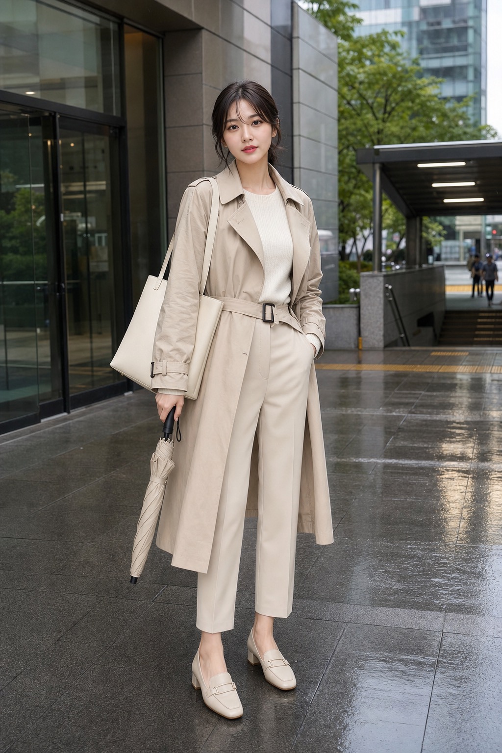 봄비 출근룩, 밝은 트렌치와 로퍼로 단정하게 전신 스타일링: 밝은 트렌치 또는 발수 아우터, 아이보리 얇은 이너, 베이지 앵클 팬츠, 낮은 굽 로퍼, 밝은 구조감 토트백 스타일링 참고 이미지