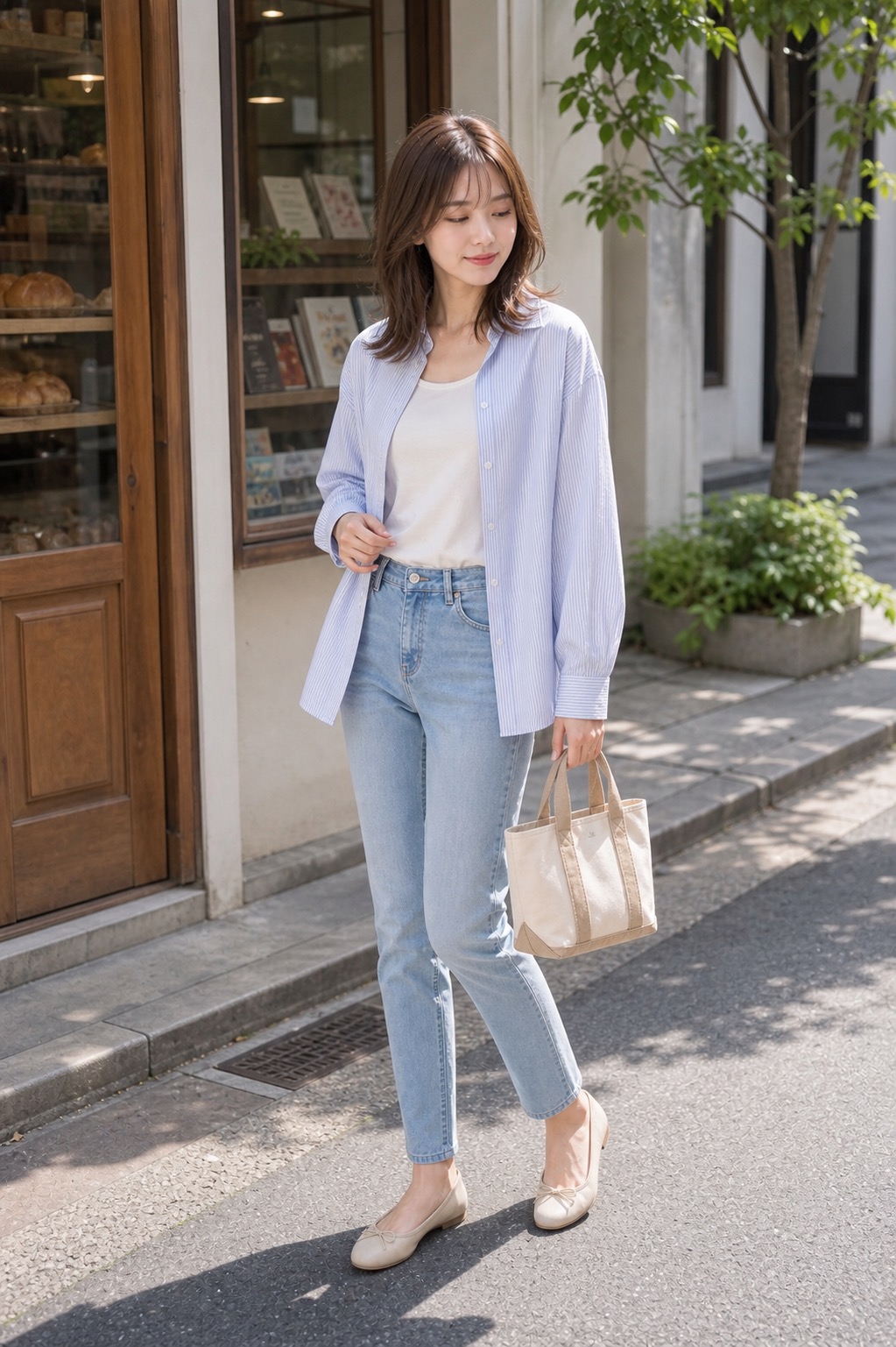 春 カジュアルコーデ、シャツとデニムをきれいめに着るの全身スタイリング: ブルー系ストライプシャツ, 白のタンクトップ, 細身ストレートデニム, ベージュのバレエシューズ, キャンバスミニトートのスタイリング参考画像