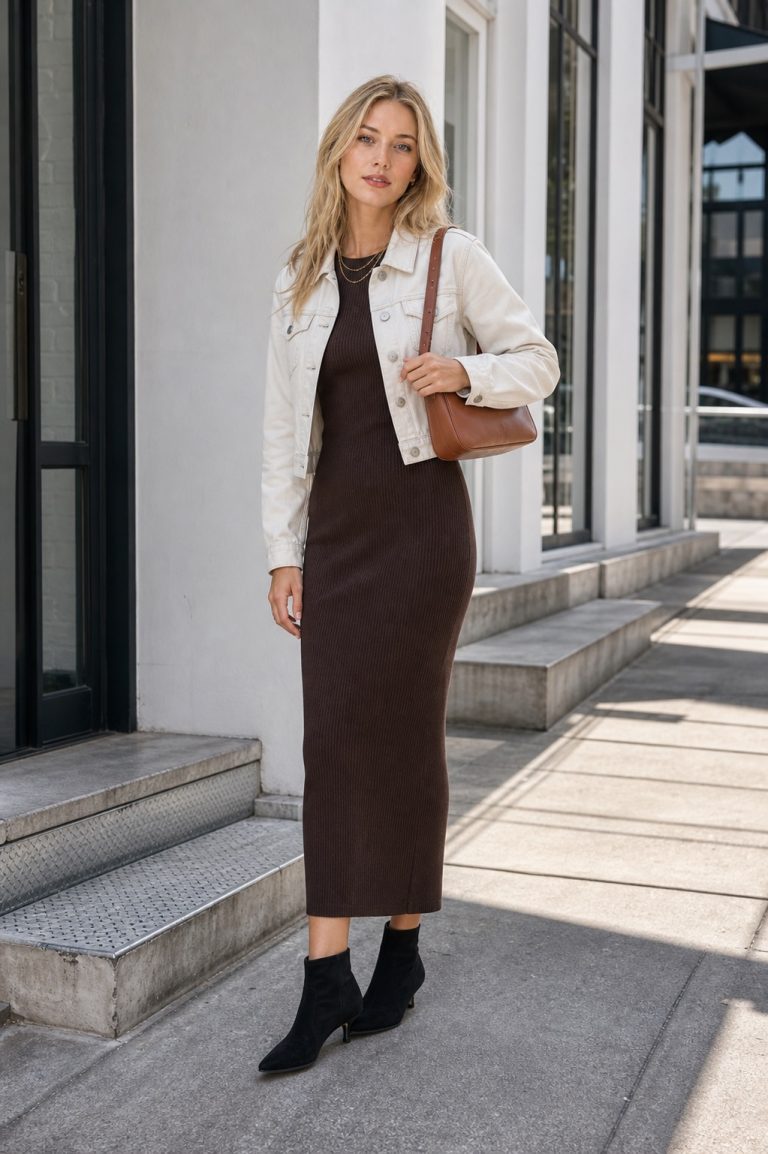 Spring Gallery Outfit: a column dress, cropped jacket, and shoulder bag full outfit styling: Espresso ribbed knit column midi dress, Bone cropped denim jacket, Black suede kitten-heel ankle boots, Cognac east-west shoulder bag, Layered fine gold chain necklace styling reference image