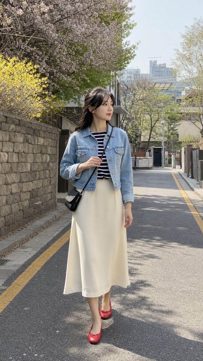 크림 미디 스커트 코디 참고 이미지 1: 스트라이프 티셔츠와 데님 재킷으로 가볍게 입는 크림 미디 스커트 코디