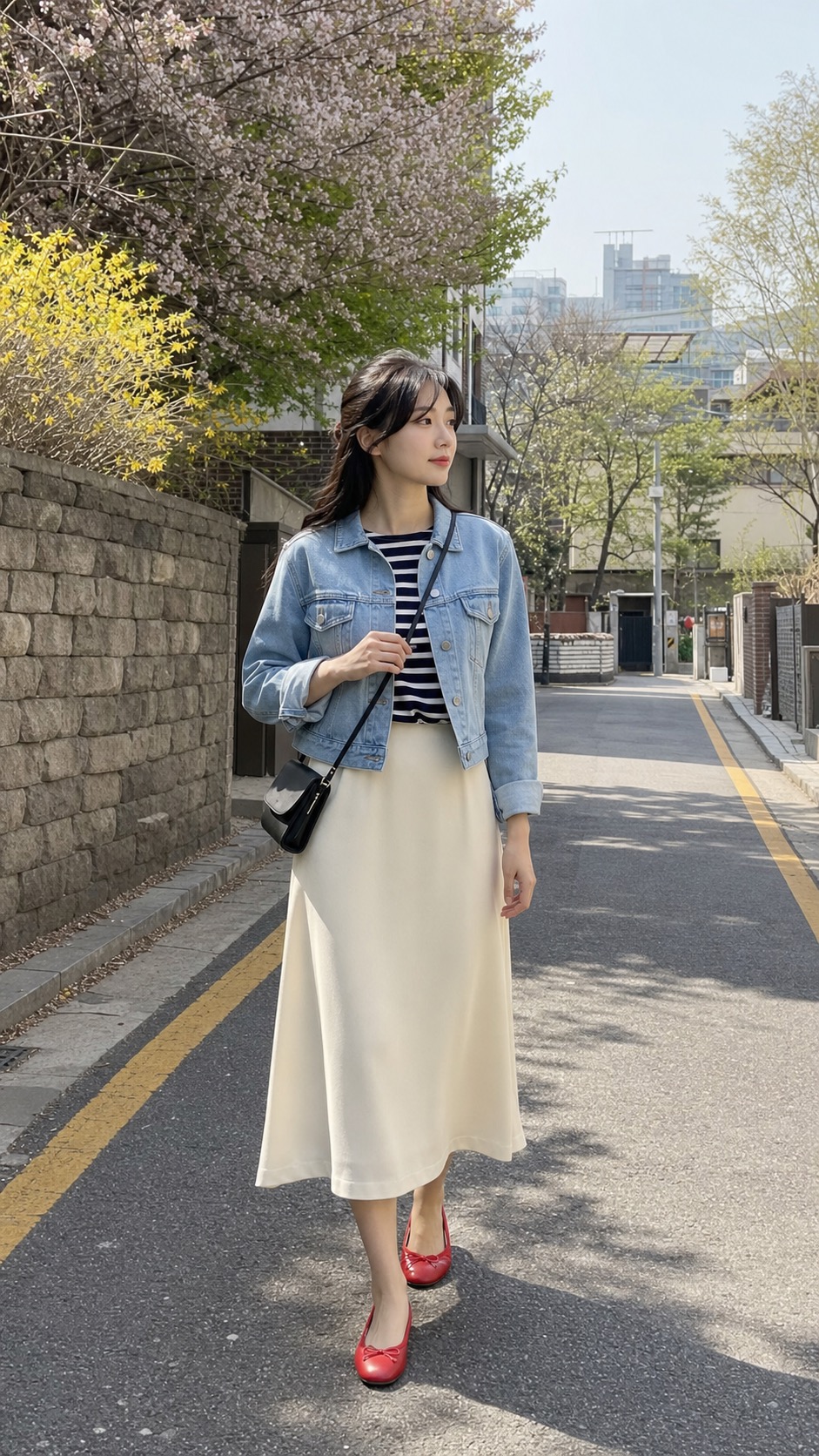 크림 미디 스커트 코디 참고 이미지 1: 스트라이프 티셔츠와 데님 재킷으로 가볍게 입는 크림 미디 스커트 코디
