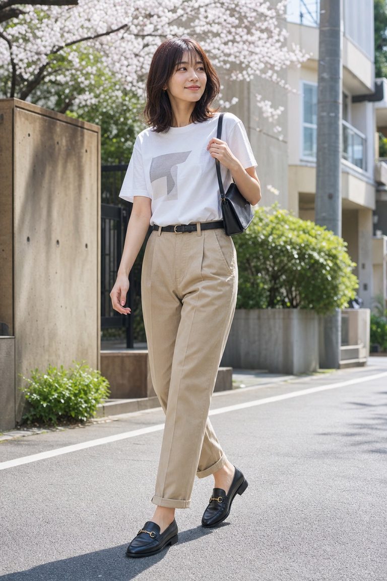 黒ビットローファー コーデ 参考画像 1: ロゴTシャツとチノパンに黒ビットローファーを合わせた春コーデ