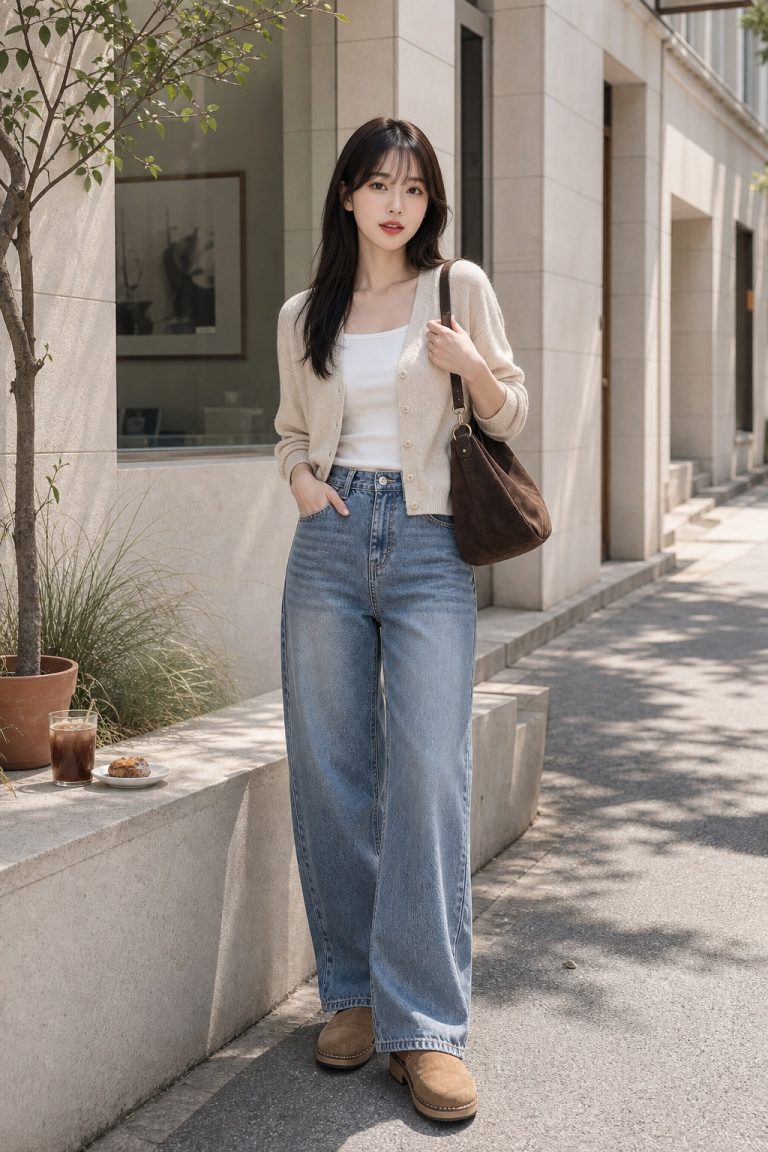 봄 브런치룩, 가디건과 배럴 진으로 편하게 전신 스타일링: 오트밀 브이넥 가디건, 화이트 스퀘어넥 티셔츠, 미드워시 배럴 진, 탠 스웨이드 클로그, 초콜릿 스웨이드 호보백 스타일링 참고 이미지
