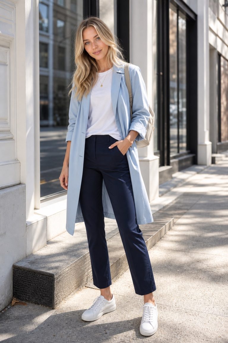 Spring Athleisure Outfit: a light coat, ankle pants, and sneakers full outfit styling: Sky-blue lightweight spring coat, White cotton tee, Navy straight ankle pants, Clean white leather sneakers, Oatmeal compact backpack styling reference image