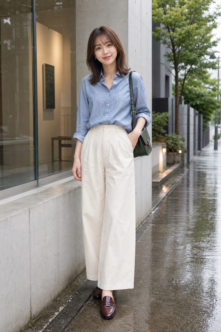 雨の日 コーデ、シャンブレーシャツとワイドパンツで整えるの全身スタイリング: ライトシャンブレーシャツ, エクリュのワイドコットンパンツ, バーガンディのペニーローファー, ダークグリーンのショルダーバッグ, 小さめシルバーイヤリングのスタイリング参考画像