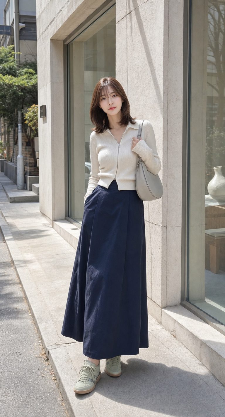 봄 장보기룩, 집업 폴로와 맥시 스커트로 활동적으로 전신 스타일링: 에크루 집업 니트 폴로, 잉크 네이비 코튼 맥시 스커트, 세이지 그린 트레이너, 라이트 그레이 크레센트 숄더백 스타일링 참고 이미지