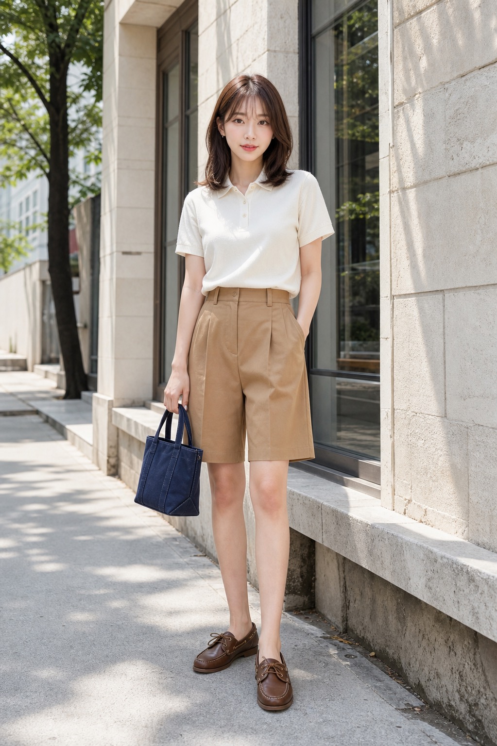 시티워크룩 참고 이미지 1 - 오프화이트 피케 폴로, 카멜 버뮤다 팬츠, 브라운 보트 슈즈, 네이비 캔버스 미니 토트 조합