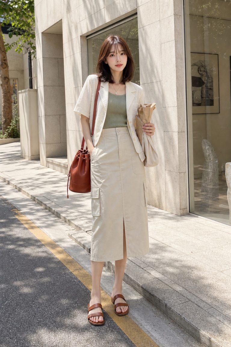 동네 장보기룩, 시어서커 재킷과 유틸리티 스커트로 가볍게 전신 스타일링: 크림 시어서커 반팔 재킷, 세이지 슬리브리스 니트, 스톤 유틸리티 미디 스커트, 브라운 투스트랩 샌들, 테라코타 버킷백 스타일링 참고 이미지