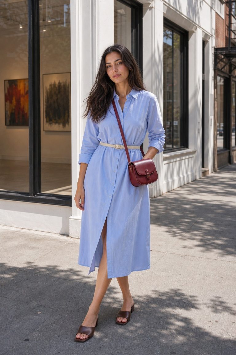 Spring Gallery Outfit: a poplin shirtdress, mules, and crossbody bag full outfit styling: Sky-blue poplin shirtdress, Chocolate square-toe mules, Cranberry leather crossbody bag, Ivory slim belt styling reference image