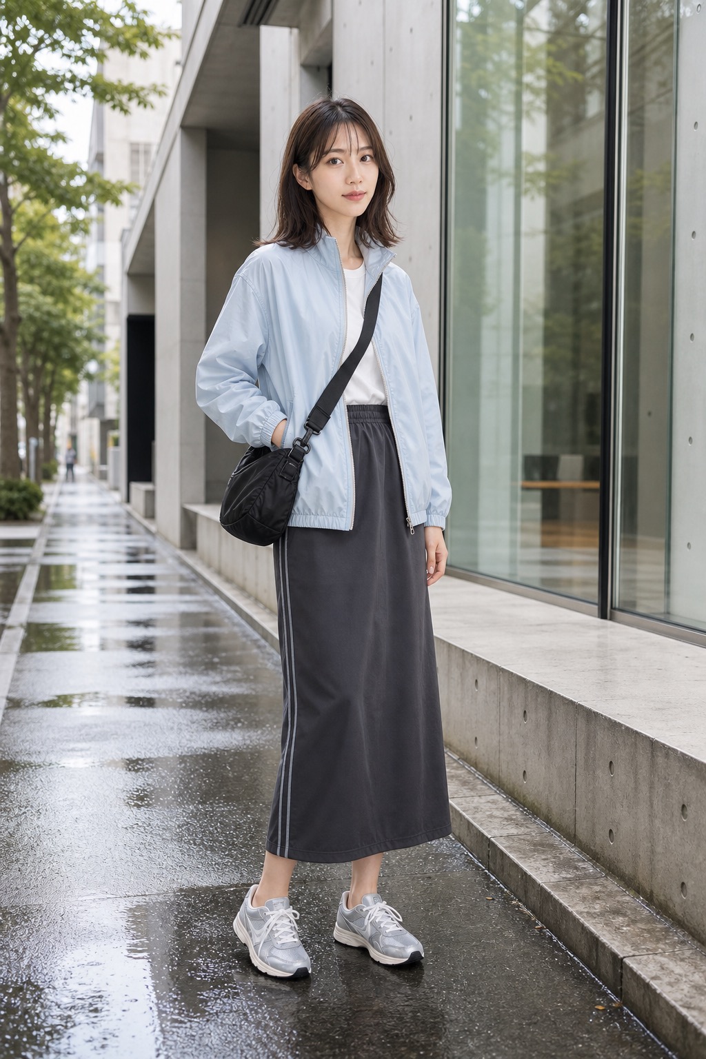 雨の日 コーデ、ナイロンジャケットとトラックスカートで軽くの全身スタイリング: ペールブルーのナイロンジップジャケット, 白のドライタッチTシャツ, チャコールのトラックミディスカート, シルバーグレーのトレーナー, 黒のナイロンスリングバッグのスタイリング参考画像