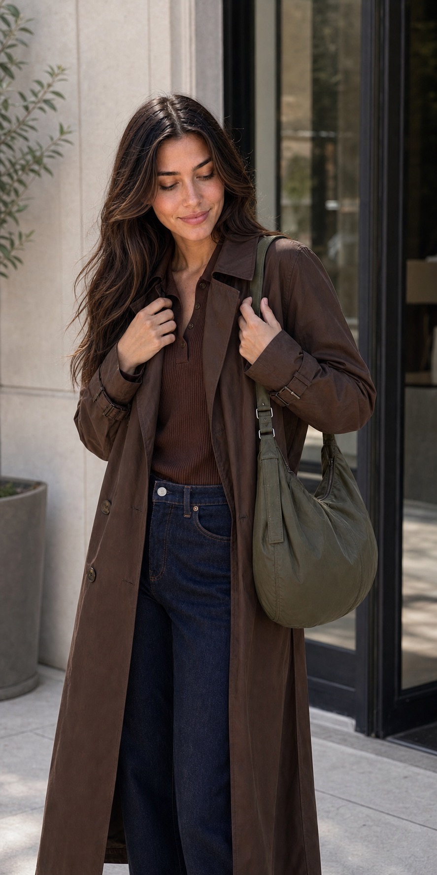 Home Goods Errand Outfit: a chocolate trench, dark denim, and burgundy flats full outfit styling: Chocolate water-resistant trench coat, Cocoa ribbed knit polo top, Dark indigo straight-leg jeans, Burgundy water-resistant ballet flats, Olive nylon crescent shoulder bag styling reference image