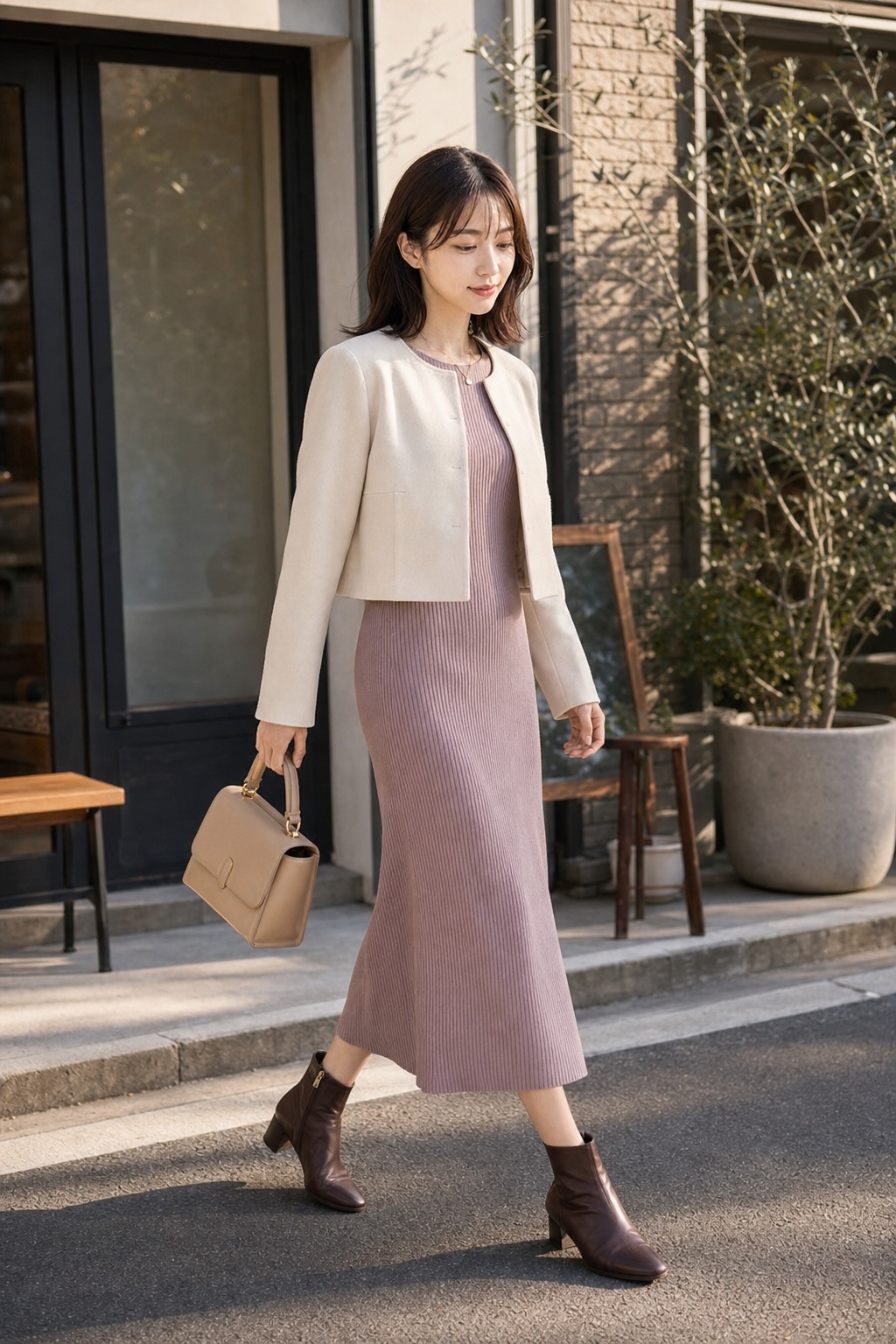 春 デートコーデ、モーヴのニットワンピースとショートブーツで上品にの歩く場面のスタイリング: モーヴのリブニットミディワンピース, エクリュの短めノーカラージャケット, ブラウンの低めショートブーツ, ベージュの小さめトップハンドルバッグ, 細めゴールドネックレスのスタイリング参考画像