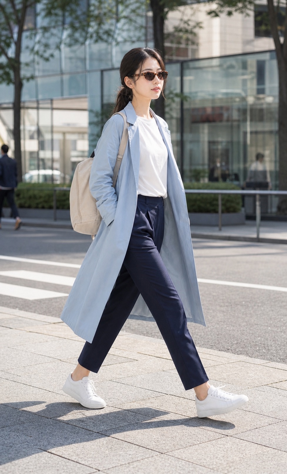 春 旅行コーデ、スカイブルーの軽いコートと白スニーカーで歩きやすくの歩く場面のスタイリング: スカイブルーの軽い春コート, 白のコットンTシャツ, ネイビーのストレートアンクルパンツ, 白のレザースニーカー, オートミールカラーのコンパクトリュック, 細めべっ甲風サングラスのスタイリング参考画像