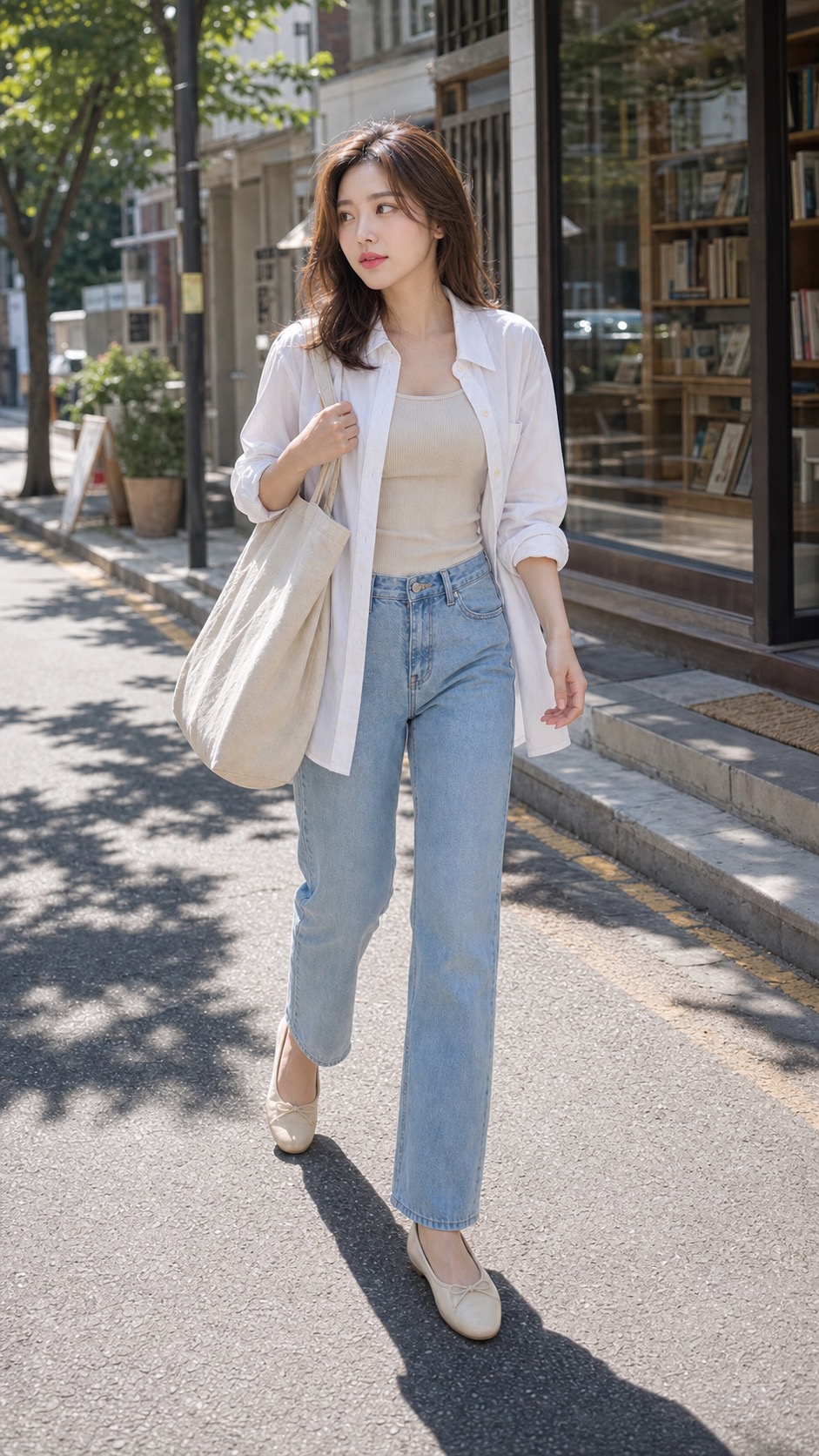 봄 주말룩, 셔츠와 데님으로 편하게 정리하기 워킹 스타일링: 화이트 코튼 셔츠, 베이지 골지 민소매 톱, 라이트 블루 스트레이트 데님, 크림 발레리나 플랫, 캔버스 토트백 스타일링 참고 이미지