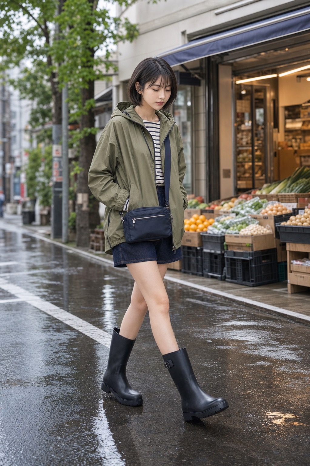 雨上がり ワンマイルコーデ、オリーブのアノラックとレインブーツで軽くの歩く場面のスタイリング: オリーブの撥水アノラック, アイボリーとネイビーのボーダーカットソー, 濃いインディゴのデニムショートパンツ, 黒のミドル丈レインブーツ, ネイビーの防水ジップクロスボディバッグのスタイリング参考画像