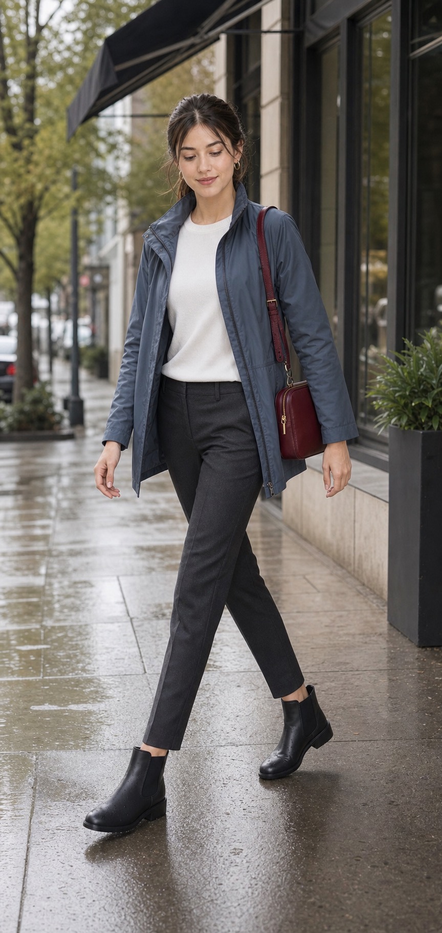 Spring Rainy City Outfit: a slate rain jacket, ankle pants, and Chelsea boots walking outfit styling: Slate blue water-resistant rain jacket, White fine-gauge crewneck knit top, Charcoal tapered ankle pants, Black waterproof Chelsea boots, Burgundy zip-top shoulder bag, Small silver hoop earrings styling reference image