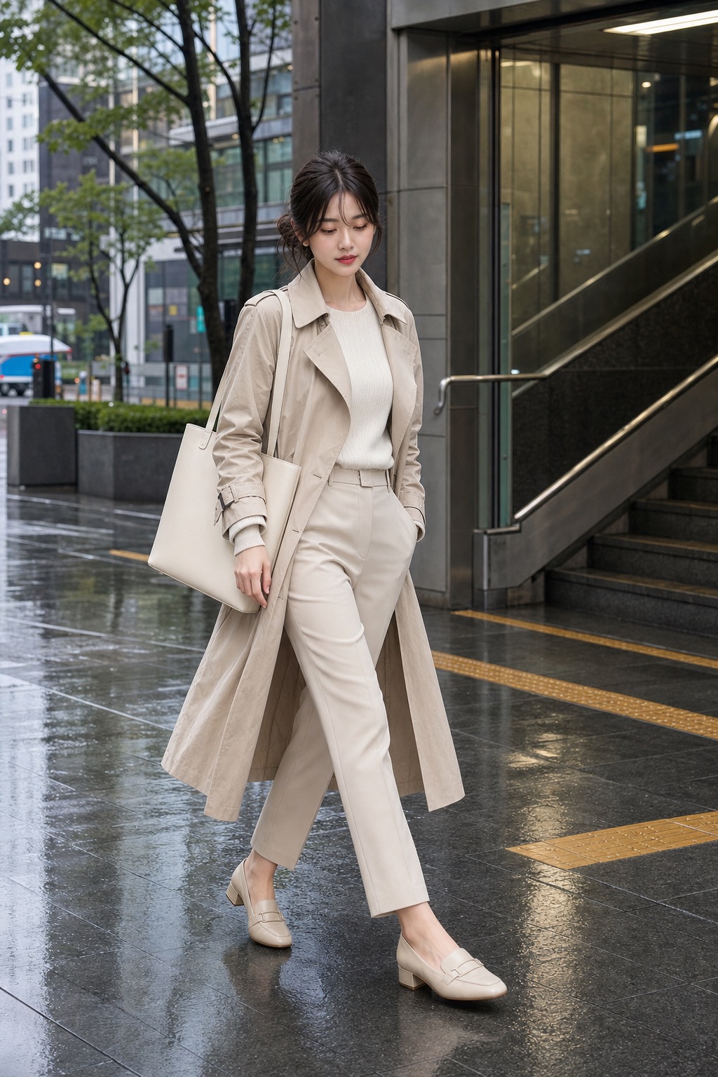 봄비 출근룩, 밝은 트렌치와 로퍼로 단정하게 워킹 스타일링: 밝은 트렌치 또는 발수 아우터, 아이보리 얇은 이너, 베이지 앵클 팬츠, 낮은 굽 로퍼, 밝은 구조감 토트백 스타일링 참고 이미지